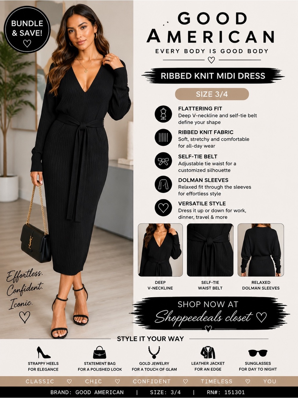 Good American Belted Ribbed Knit Midi Dress – Black – Size 3/4